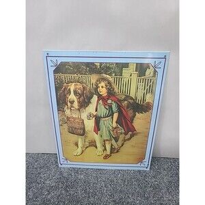 Vintage METAL Sign Girl With  St. Bernard Dog  9.5" X 12"